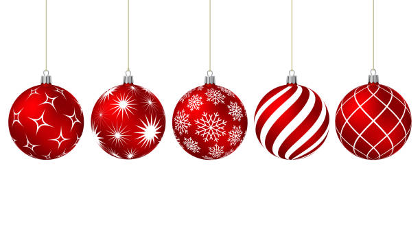 Red christmas balls with different patterns on white. Vector illustration.